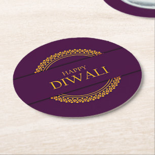Dessous-de-verre Rond En Papier Joyeux Diwali Purple Gold Elegant