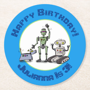 Dessous-de-verre Rond En Papier Joyeux joli dessin de trois robots trio
