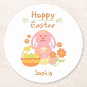 Dessous-de-verre Rond En Papier Joyeux lapin rose de Pâques et fleurs