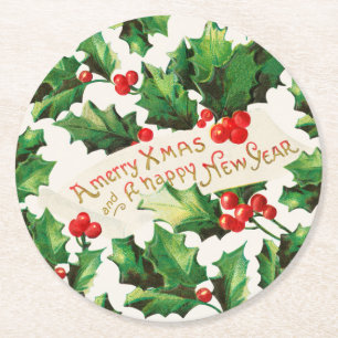 Dessous-de-verre Rond En Papier Joyeux Noël et Joyeux Nouvel An Holly