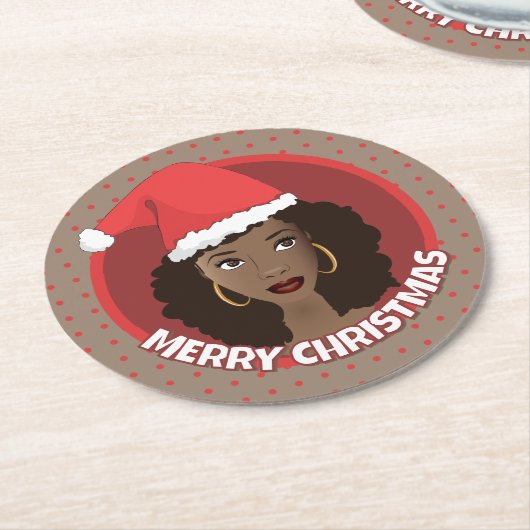 Dessous-de-verre Rond En Papier Joyeux Noël, Femme noire Santa Hat (Incliné)