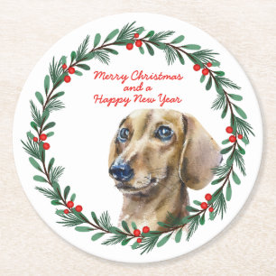 Dessous-de-verre Rond En Papier Joyeux Noël mignon Dachshund Chien Vacances Wreath