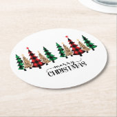 Dessous-de-verre Rond En Papier Joyeux Noël Red Green Plaid Arbres (Incliné)