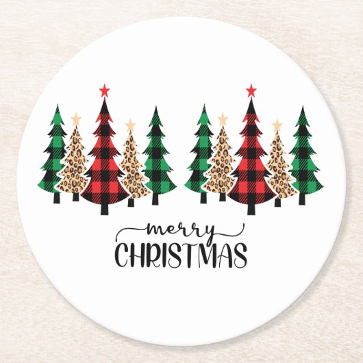 Dessous-de-verre Rond En Papier Joyeux Noël Red Green Plaid Arbres (Devant)