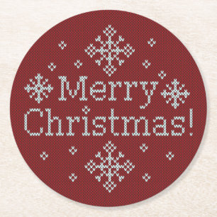 Dessous-de-verre Rond En Papier Joyeux Noël Rouge & Blanc Faux Knit