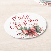 Dessous-de-verre Rond En Papier Joyeux Noël Script Holly Bow Rouge (Incliné)