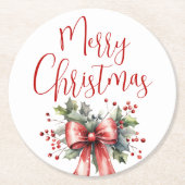 Dessous-de-verre Rond En Papier Joyeux Noël Script Holly Bow Rouge (Devant)