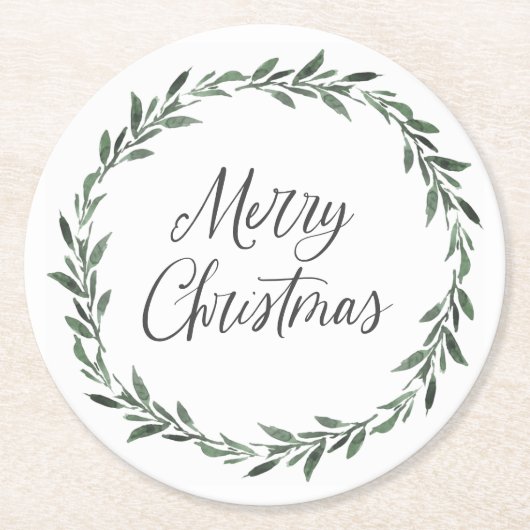 Dessous-de-verre Rond En Papier Joyeux Noël Simple Rustique Aquarelle Verdure (Devant)