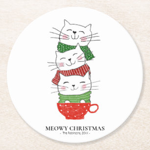 Dessous-de-verre Rond En Papier Joyeux Noël Trois Chats Tasse Écharpes Drôle Migno