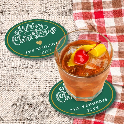 Dessous-de-verre Rond En Papier Joyeux Noël Vert Blanc Or