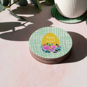 Dessous-de-verre Rond En Papier Joyeux oeuf de Pâques rustique plaid à l'orange