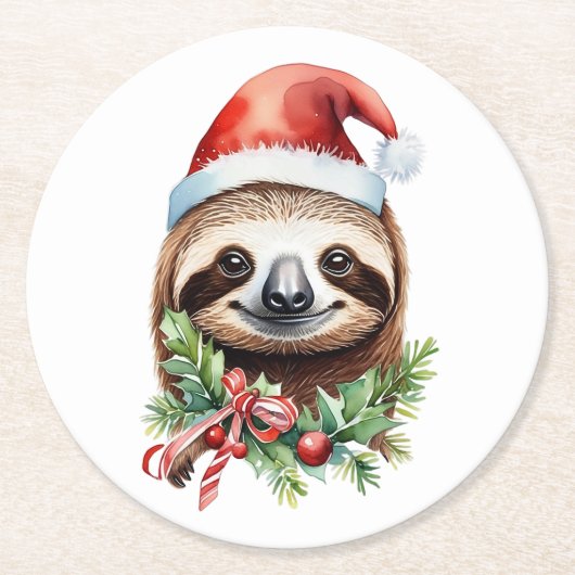 Dessous-de-verre Rond En Papier Joyeux Slothmas Sloth dans Santa Hat Red Bow (Devant)