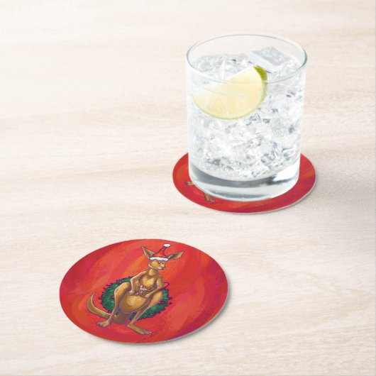 Dessous-de-verre Rond En Papier Kangaroo Xmas En Rouge (En situation)