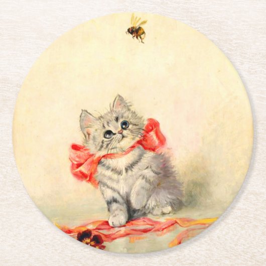 Dessous-de-verre Rond En Papier Kitten avec ruban rouge (Devant)