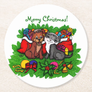 Dessous-de-verre Rond En Papier Kitty et Puppy , Joyeux Noël