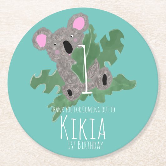 Dessous-de-verre Rond En Papier Koala Hand Drawn Bear 1er Anniversaire (Devant)