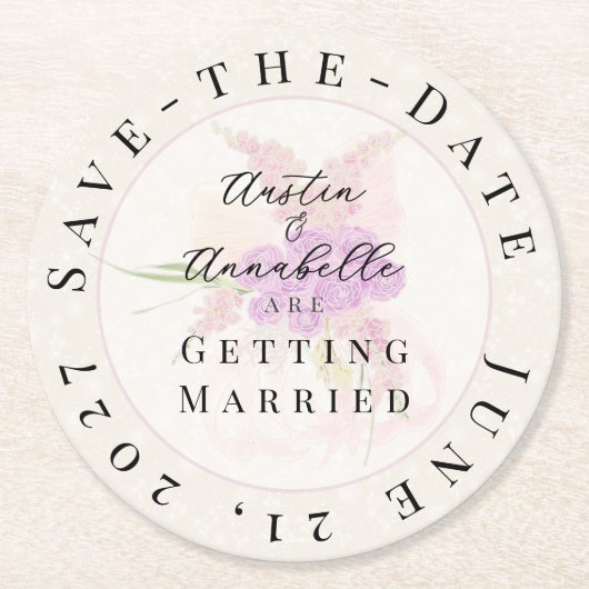 Dessous-de-verre Rond En Papier La Boca Golden Sheer Bow Bouquet Save-the-Date (Devant)
