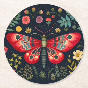 Dessous-de-verre Rond En Papier La Mousse Rouge Dans Le Jardin De Nuit