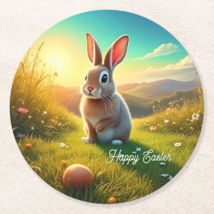Dessous-de-verre Rond En Papier Lapin de Pâques et Oeufs colorés dans la magie du