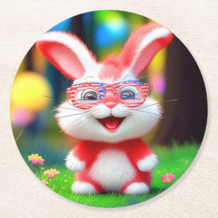 Dessous-de-verre Rond En Papier Lapin Rouge avec Lunettes Américaines Dessin Animé