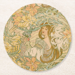 Dessous-de-verre Rond En Papier L'art nouveau des lys de Mucha Langage des fleurs