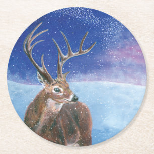 Dessous-de-verre Rond En Papier Le Cerf rouge Cervus elaphus et paysage hivernal