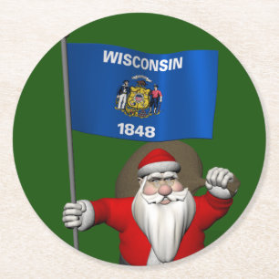 Dessous-de-verre Rond En Papier Le Père Noël Avec L'Ensigne Du Wisconsin