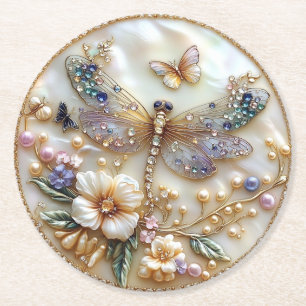 Dessous-de-verre Rond En Papier Libellules Pierres précieuses Perles Papillons Fle