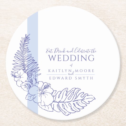 Dessous-de-verre Rond En Papier ligne d'art bleu tropical botanique mariage (Devant)