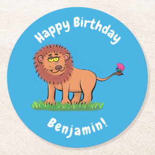 Dessous-de-verre Rond En Papier Lion drôle mignon avec dessin animé papillon