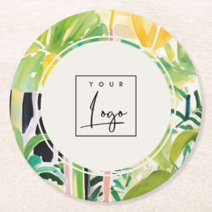 Dessous-de-verre Rond En Papier Logo botanique de feuillage tropical luxuriant Boh