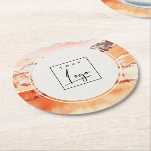 Dessous-de-verre Rond En Papier Logo de montagne boisée aquarelle orange blush Sut