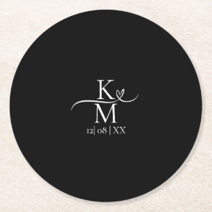 Dessous-de-verre Rond En Papier Love Calligraphy Initiales Coeur Blanc B&W ID940