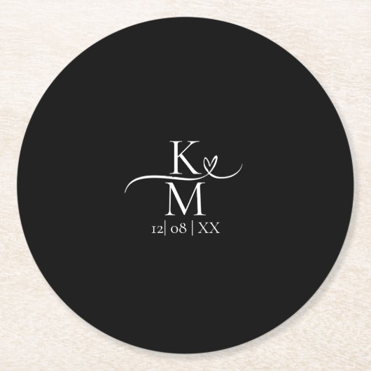 Dessous-de-verre Rond En Papier Love Calligraphy Initiales Coeur Blanc B&W ID940 (Devant)