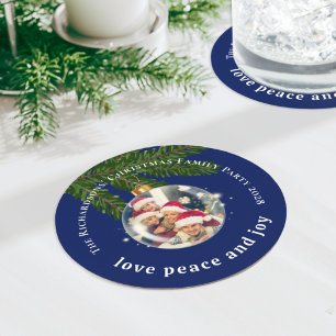 Dessous-de-verre Rond En Papier Love Paix Joie Photo de Fête de Noël Bleu Marine