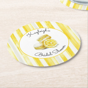 Dessous-de-verre Rond En Papier Macarons rayures jaune citron pour Baby Shower