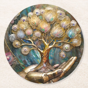 Dessous-de-verre Rond En Papier Main Robot D'Or Tenant Arbre De Vie D'Or
