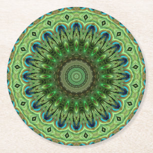 Dessous-de-verre Rond En Papier Mandala à plume de paon Émeraude et symétrie bleue