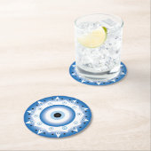 Dessous-de-verre Rond En Papier Mandala Grec Mal Oeil Bleu Blanc (En situation)