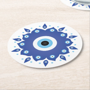 Dessous-de-verre Rond En Papier Mandala Grec Mal Oeil Bleu Blanc