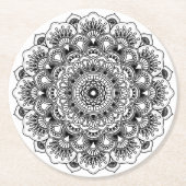Dessous-de-verre Rond En Papier Mandala noir et blanc orné (Devant)
