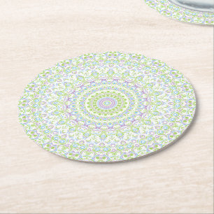 Dessous-de-verre Rond En Papier Mandala Printanier Frais en Vert, Bleu et Lavande
