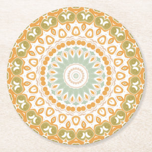 Dessous-de-verre Rond En Papier Mandala Retro Sunrise en Orange, Vert et Marron