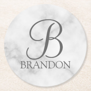 Dessous-de-verre Rond En Papier Marbre blanc de script personnalisé Monogramme et 