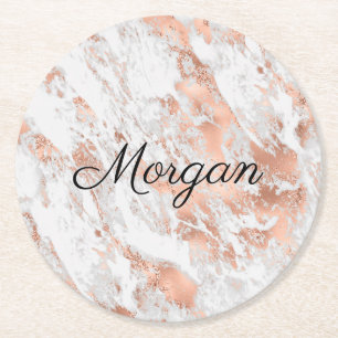Dessous-de-verre Rond En Papier Marbre Or Rose et Blanc, Nom en écriture noire, Vs