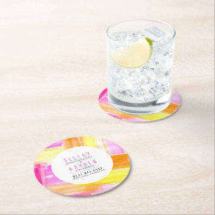 Dessous-de-verre Rond En Papier Mariage abstrait lumineux rose jaune pêche