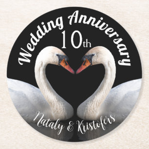 Dessous-de-verre Rond En Papier Mariage Anniversaire deux cygnes Noir