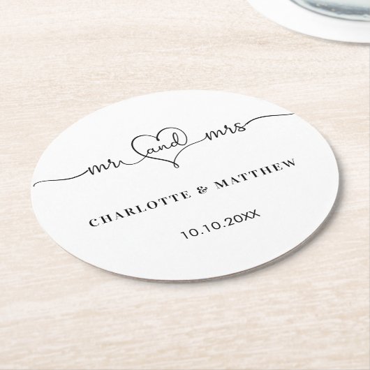 Dessous-de-verre Rond En Papier Mariage blanc m. mme heart script (Incliné)
