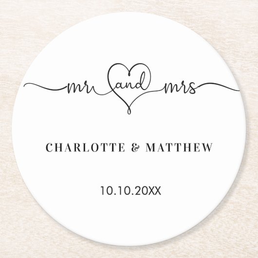 Dessous-de-verre Rond En Papier Mariage blanc m. mme heart script (Devant)