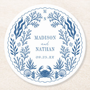 Dessous-de-verre Rond En Papier Mariage bleu de coquille de crabe nautique océan p